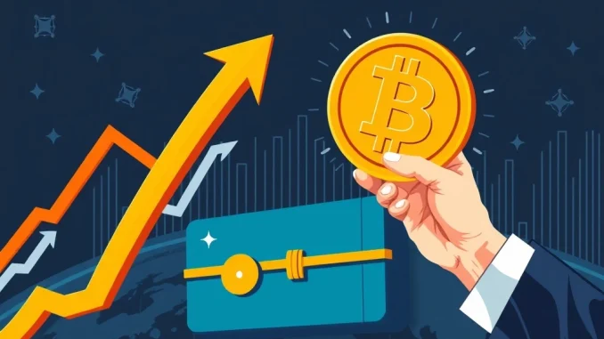 Visualizing Bitcoin ETF flows with arrows and charts, representing market dynamics and the growing institutional confidence in crypto investments.