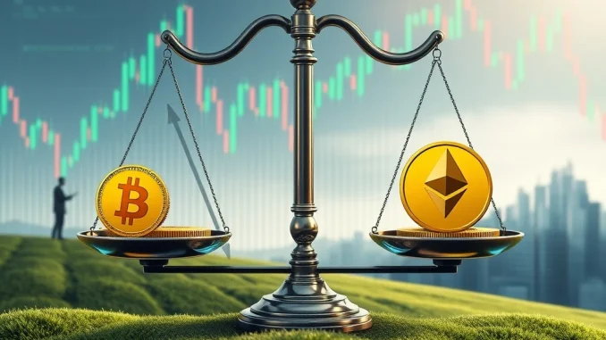A digital scale showing Bitcoin ETFs declining while Ethereum ETFs surge, illustrating a significant crypto market rotation.