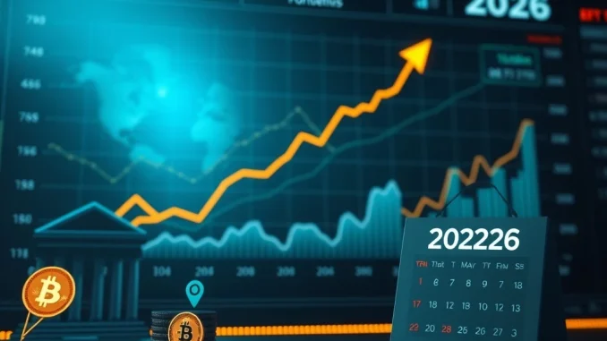 A chart illustrating the projected Bitcoin Boom 2026, fueled by institutional crypto adoption and ETF inflows, signifying a mature market.