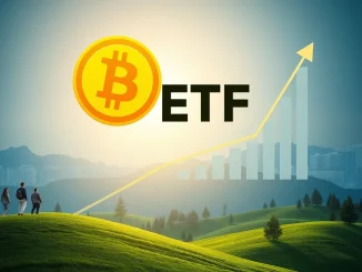 A visual representation of Bitcoin ETFs driving institutional demand, with charts showing growth and financial symbols.