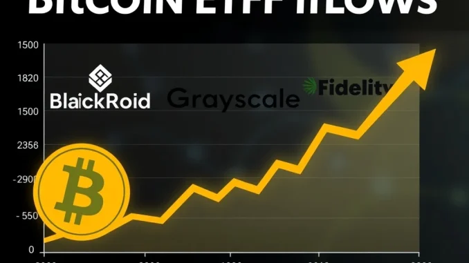 Bitcoin ETFs net inflows chart with BlackRock, Grayscale, and Fidelity logos
