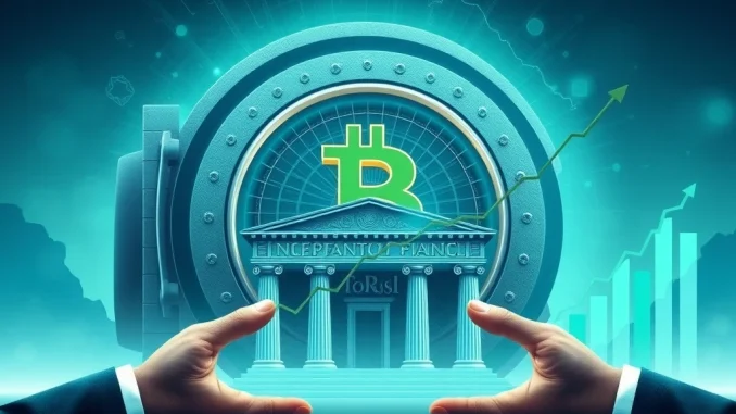 A visual representation of Bitcoin ETFs bringing stability, with a graph showing reduced Bitcoin volatility and institutional capital flowing into the market.