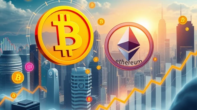 Bitcoin News: Digital charts showing Bitcoin and Ethereum prices rising, reflecting a surging altcoin market and shifting crypto dominance.