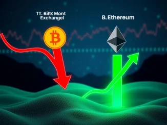 A visual representation of conflicting market signals, showing potential Bitcoin correction and strong Ethereum uptrend.