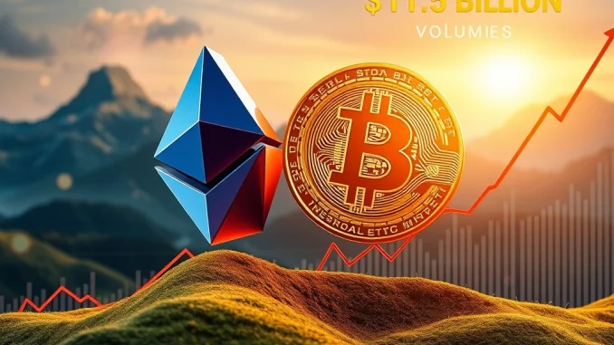 Charts illustrating the staggering $11.5 billion daily trading volume for Spot Bitcoin and Ethereum ETFs, highlighting significant market activity.