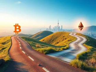 A visual metaphor showing Bitcoin maturity as a stable anchor while Ethereum volatility attracts active crypto trading strategies.