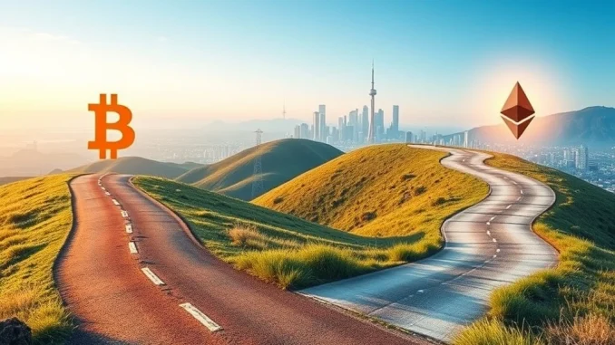 A visual metaphor showing Bitcoin maturity as a stable anchor while Ethereum volatility attracts active crypto trading strategies.