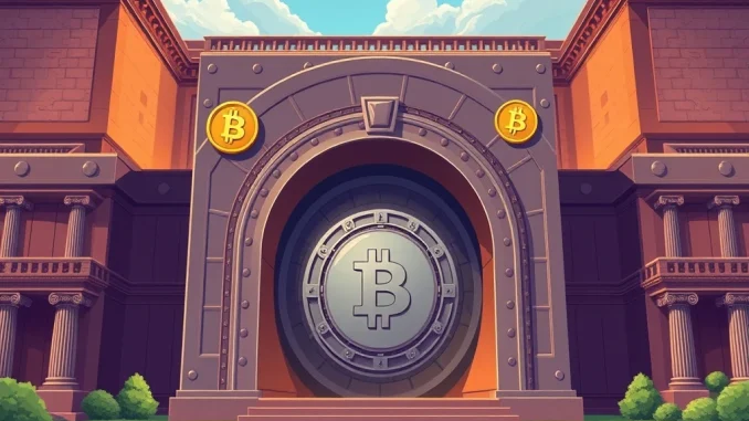 A secure digital vault subtly showing Bitcoin symbols, representing Norway wealth fund's significant Bitcoin exposure through indirect holdings.