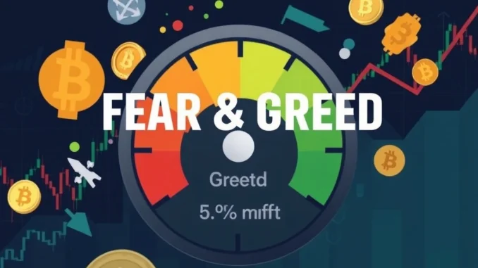 A meter showing the Crypto Fear & Greed Index in the 'Greed' zone, representing current Bitcoin market sentiment and investor psychology.