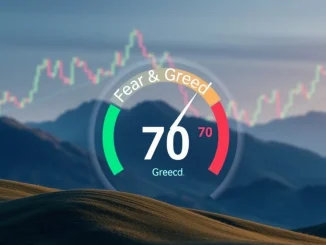 A visual representation of the Bitcoin Fear Greed Index meter showing a drop to 70, reflecting cautious crypto market sentiment.