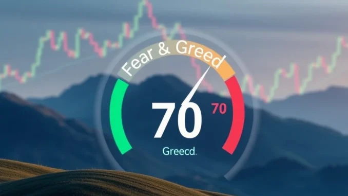 Bitcoin Fear Greed Index: Decoding the Crucial Drop to 70 and Its Market Impact A visual representation of the Bitcoin Fear Greed Index meter showing a drop to 70, reflecting cautious crypto market sentiment.