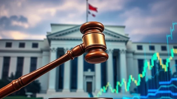 An illustration of a legal gavel poised over the Federal Reserve building, symbolizing Azoria Capital's lawsuit for market transparency amidst Bitcoin price fluctuations.