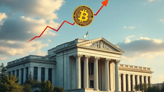 A Bitcoin chart rising dramatically, illustrating the Bitcoin surge in response to the Federal Reserve's significant financial loss.