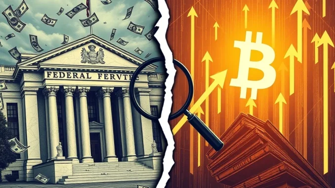 Bitcoin surge amidst US Fed's $100B loss, symbolizing growing central bank scrutiny and the rise of decentralized finance.