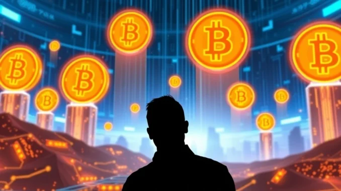 Bitcoin gains visualized as towering digital assets with Michael Saylor overseeing growth.