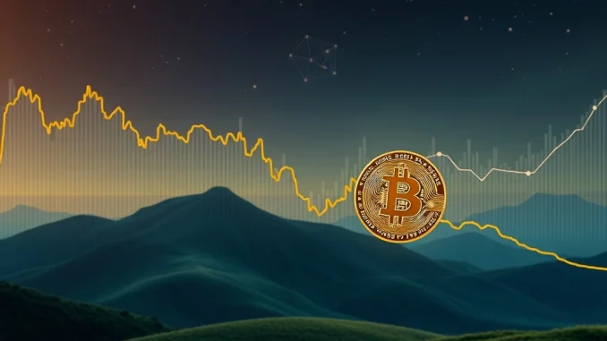 Bitcoin Shockwave: Galaxy Digital's $9.5B BTC Transfers Trigger Crucial Market Test A digital chart showing a sharp Bitcoin price dip, representing the market reaction to Galaxy Digital's large BTC transfers and the overall crypto market impact.