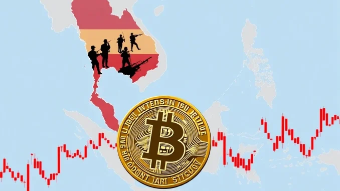 A chart showing a significant drop in Bitcoin's price, reflecting the impact of escalating geopolitical risks from the Thailand-Cambodia conflict.
