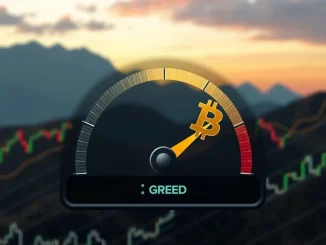 A visual depiction of the Bitcoin Greed Index dropping, representing the current cautious crypto market sentiment due to waning volatility and profit-taking.
