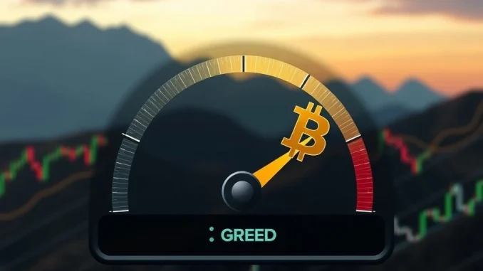 A visual depiction of the Bitcoin Greed Index dropping, representing the current cautious crypto market sentiment due to waning volatility and profit-taking.
