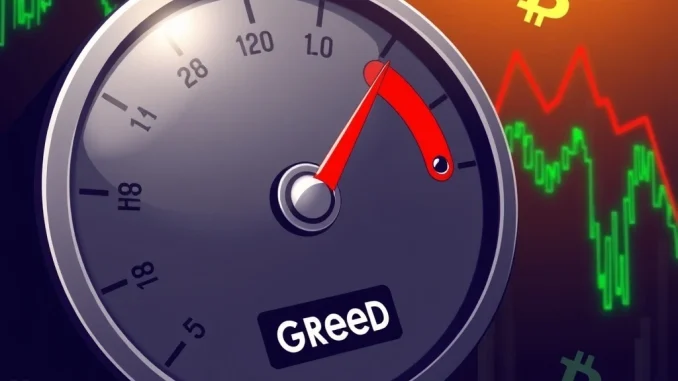 A hand adjusting a dial on a 'Bitcoin Fear & Greed Index' meter pointing towards 'Greed', illustrating market sentiment and potential Bitcoin overvaluation risks.