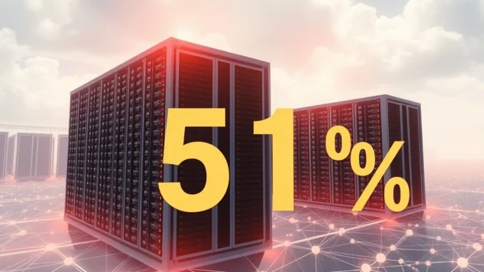 Visualizing two dominant Bitcoin mining pools collectively controlling over 51% of the Bitcoin hashrate, highlighting network security risks.