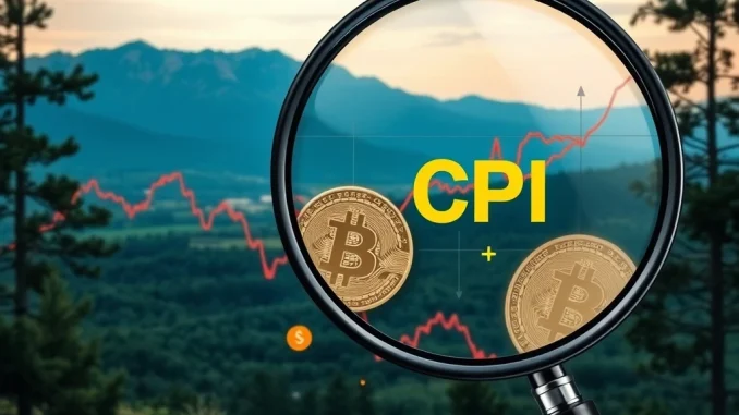 Urgent: Bitcoin Hedging Surges Ahead of CPI Release A financial chart showing a downtrend with Bitcoin symbols and a magnifying glass over CPI data, illustrating BTC hedging before the CPI release.