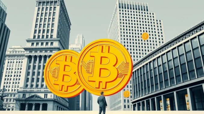 Visualizing Bitcoin's institutional adoption, showing its impact on early believers and the delicate balance between growth and decentralization.