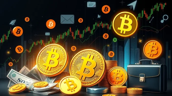 A visual representation of Bitcoin institutional adoption leading to increased corporate Bitcoin holdings and a surge in BTC dominance, illustrating a maturing crypto market.