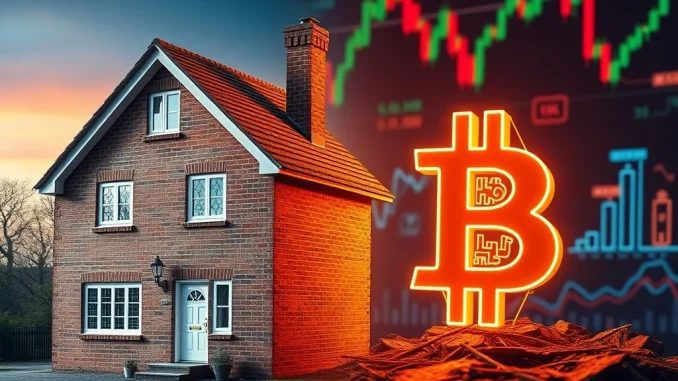 A dynamic comparison showing Bitcoin investment outperforming traditional real estate, symbolizing the shift towards digital assets.