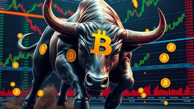 Bitcoin Unleashed: $23.7M Bull Call Spread Ignites Confidence for $200K Target A powerful bull, representing investor confidence, surges through a digital market filled with Bitcoin symbols and crypto options charts, signaling a major $23.7M Bitcoin investment targeting $200K.