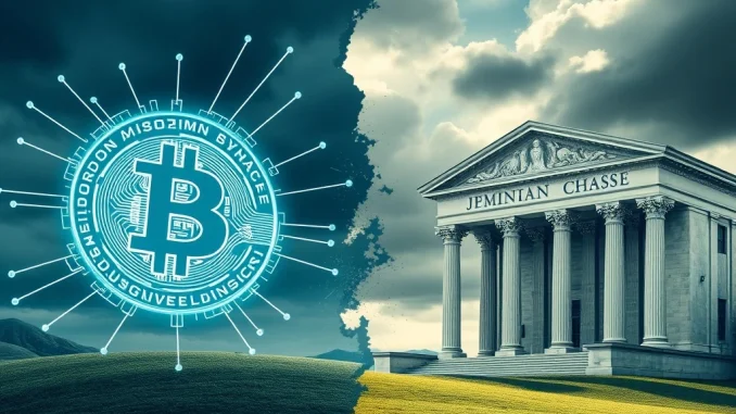 A visual metaphor of Bitcoin clashing with traditional banking, representing the JPMorgan and Gemini dispute over data fees, a key moment in crypto banking.