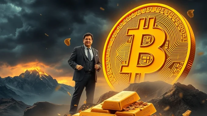 Robert Kiyosaki points towards a Bitcoin logo and gold bars, warning investors about a looming market crash and the risks of Bitcoin ETFs.