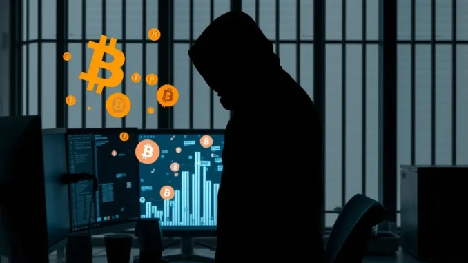 Illustration of a tech employee behind bars with Bitcoin symbols, depicting the consequences of a $19M Bitcoin laundering insider scheme.