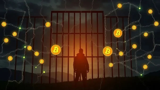 An illustration of digital handcuffs around Bitcoin symbols, representing the severe consequences of Bitcoin laundering.