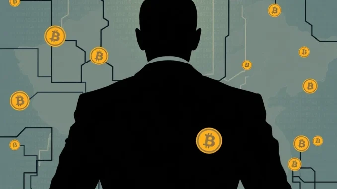 An illustration depicting the complexities of a $19M Bitcoin laundering scheme orchestrated by a corporate insider.