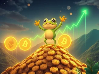 A triumphant Little Pepe character celebrating a massive LILPEPE presale success, driven by a powerful Bitcoin rally.