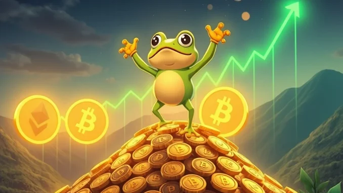 A triumphant Little Pepe character celebrating a massive LILPEPE presale success, driven by a powerful Bitcoin rally.