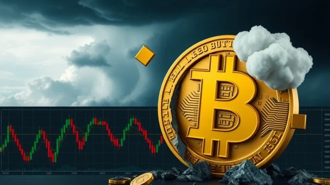 A visual representation of Bitcoin liquidation risk, with a cracking Bitcoin symbol and downward trending charts, highlighting the potential $677M long liquidation.