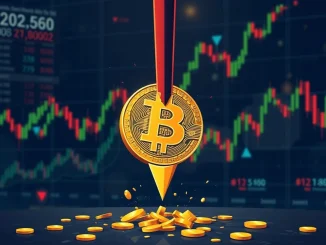 A chart illustrating a sharp drop in Bitcoin price, representing the $731M crypto liquidations and market volatility.