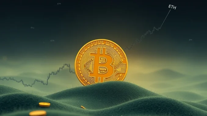 A visual metaphor depicting Bitcoin's current market stagnation contrasted with Ethereum's impressive surge, highlighting diverse crypto market trends.