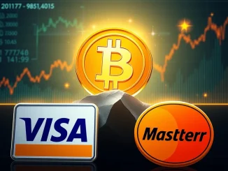 Visualizing Bitcoin market cap's impressive growth, overshadowing Visa and Mastercard, representing a new era in digital finance.