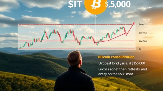 A Bitcoin market consolidation chart with a highlighted $115K retest zone, indicating potential future price action for investors.