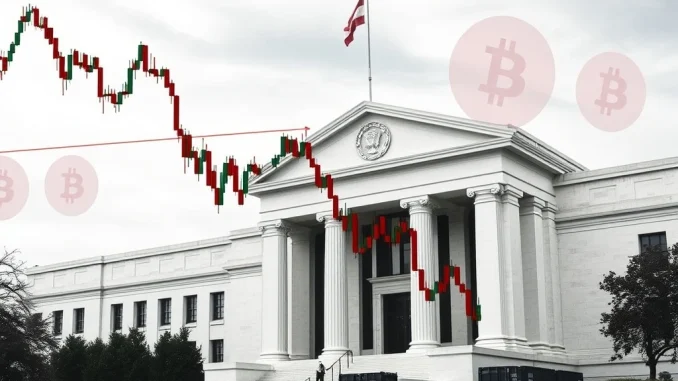 A crypto chart showing a Bitcoin market drop, with the Federal Reserve building in the background, symbolizing economic policy's impact.