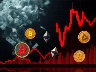 A downward trending chart representing a sharp Bitcoin price fall, triggering significant crypto market liquidations.