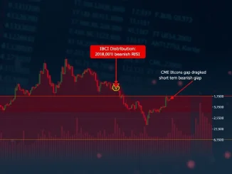Visualizing Bitcoin market risks with IBCI distribution zone, bearish RSI, and a significant CME gap, indicating short-term volatility for Bitcoin price.