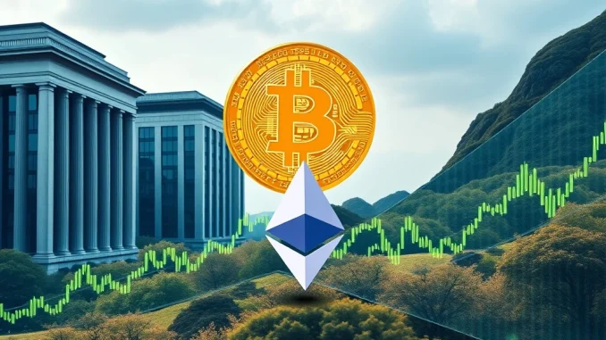A digital representation of financial growth and institutional investment, with Bitcoin and Ethereum logos prominent, symbolizing the rise of institutional crypto adoption.