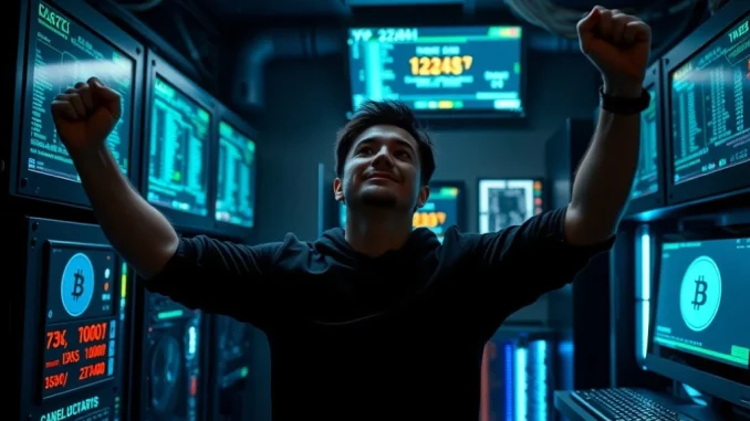 A triumphant solo Bitcoin miner in front of a powerful mining rig, celebrating a monumental Bitcoin reward win against high odds.
