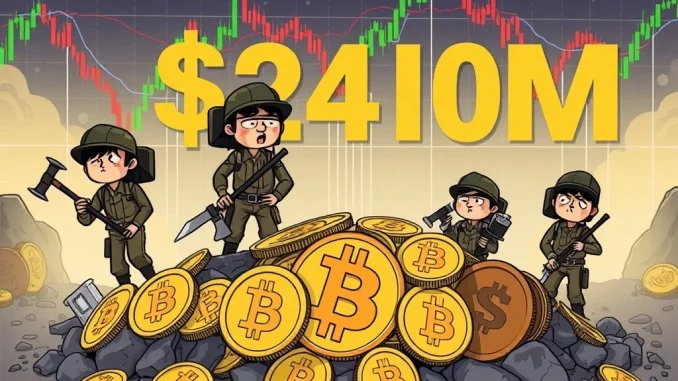 Bitcoin Miners Trigger Alarming $240M Sell-Off Bitcoin miners offloading a significant amount of BTC, illustrating the $240M Bitcoin sell-off impacting the crypto market.