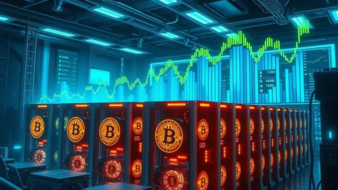 Bitcoin mining facility with rising stock charts showcasing the crypto boom.
