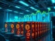 Bitcoin mining facility with rising stock charts showcasing the crypto boom.